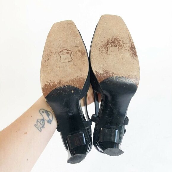 Stuart Weitzman Slingback Leather Pump Heels Womens 8.5 AA Black Peep Toe Buckle - Picture 8 of 8